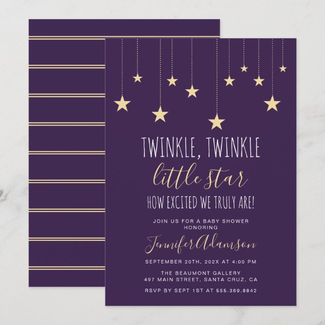 Invitation Baby shower Little Star Twinkle violet foncé (Devant / Derrière)