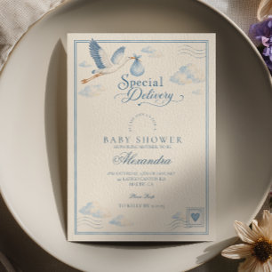 Invitation Baby-Shower Livraison Spéciale Cigogne Bleue