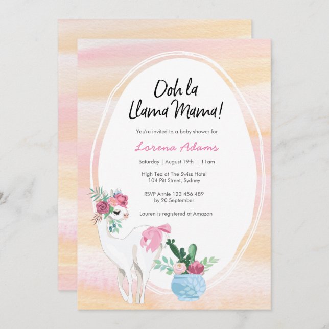 Invitation Baby shower Llama Mama (Devant / Derrière)