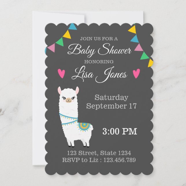 Invitation Baby shower Llama personnalisable (Devant)