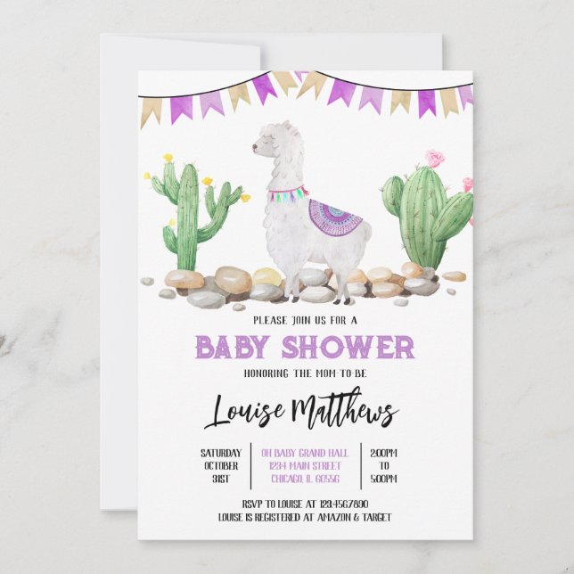 Invitation Baby shower Llama violet (Devant)