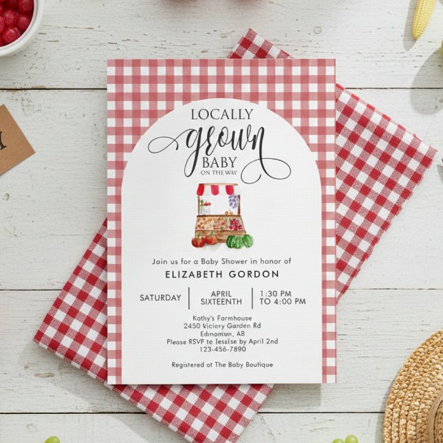 Invitation Baby Shower Local Rouge Gingham Frais de la Ferme (Créateur téléchargé)