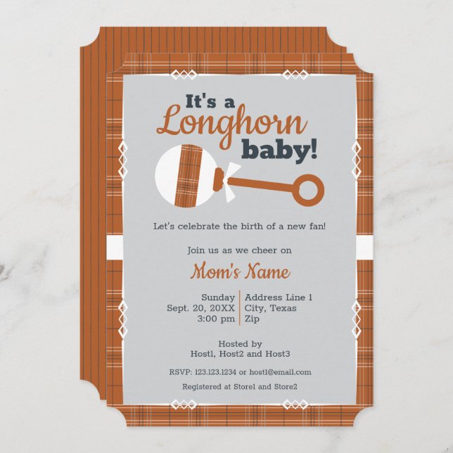 Invitation Baby shower Longhorn de Burning Orange Plaid (Devant / Derrière)