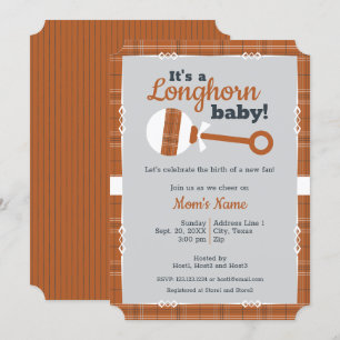 Invitation Baby shower Longhorn de Burning Orange Plaid