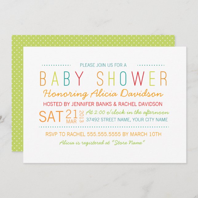 Invitation Baby shower lumineux et coloré (Devant / Derrière)