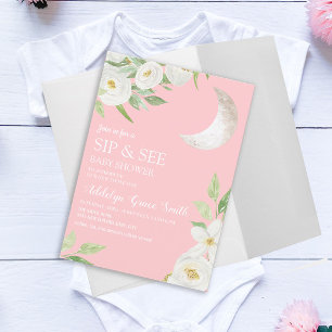 Invitation Baby shower Lune Blanc Floral Rose Sieste Voir