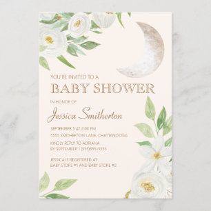 Invitation Baby shower Lune Blanc Floral Vert Feuilles