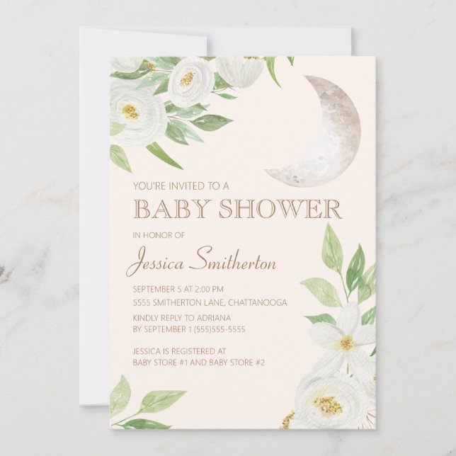 Invitation Baby Shower Lune Blanche Florale Feuilles Vertes (Devant)