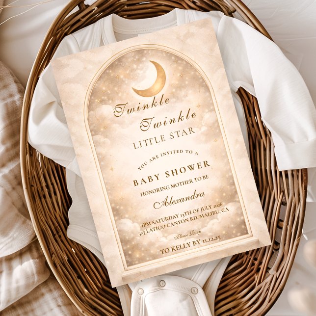 Invitation Baby Shower Lune Dorée Et Étoiles (Créateur téléchargé)
