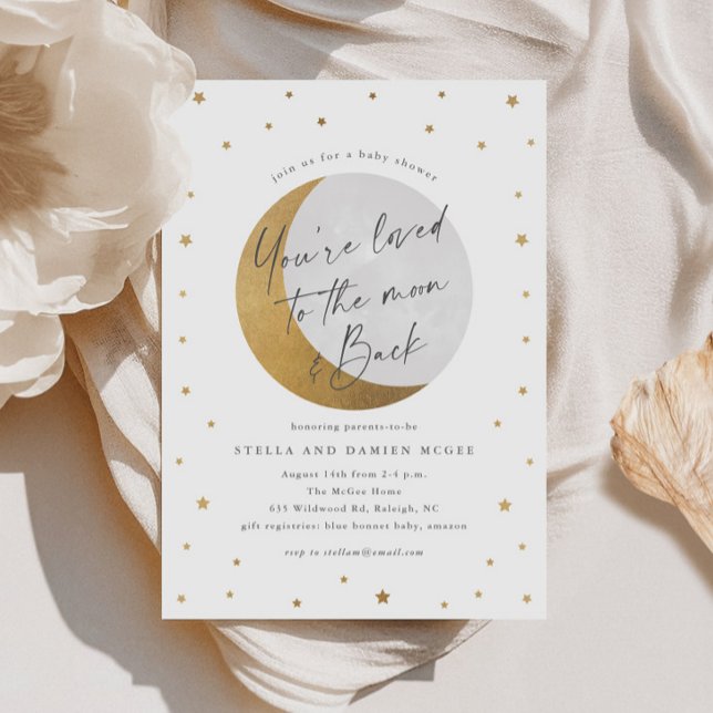 Invitation Baby Shower Lune et Étoiles (Elegant Script Gold Moon and Stars Gender Neutral Baby SHower Invitations.)