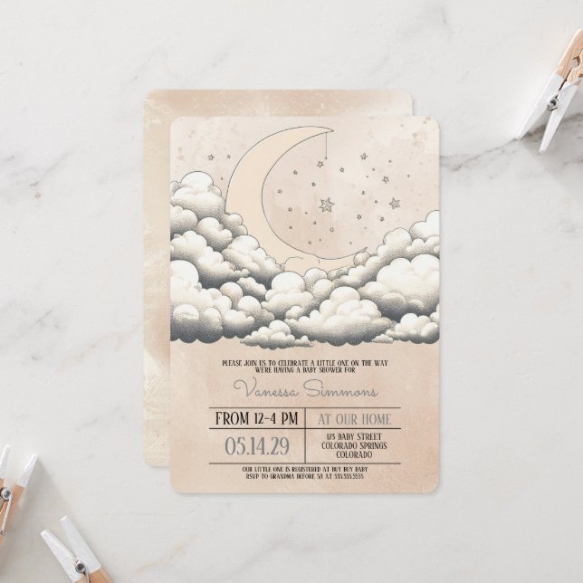 Invitation Baby Shower Lune et Étoiles (Devant/Arrière en situation)