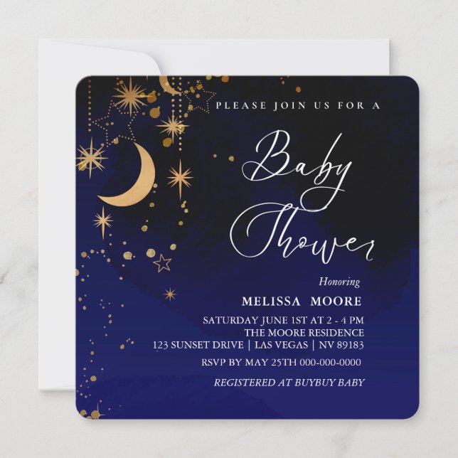 Invitation Baby shower Lune Et Étoiles Royal Blue Carré (Devant)