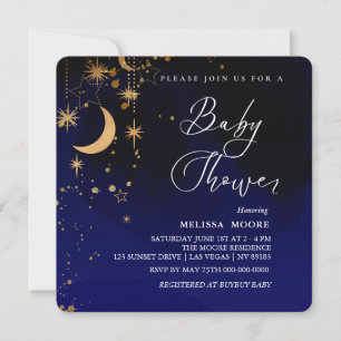 Invitation Baby shower Lune Et Étoiles Royal Blue Carré