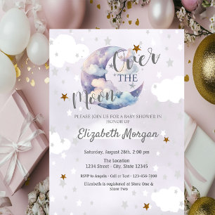 Invitation Baby Shower Lune Étoiles et Nuages Lavande 