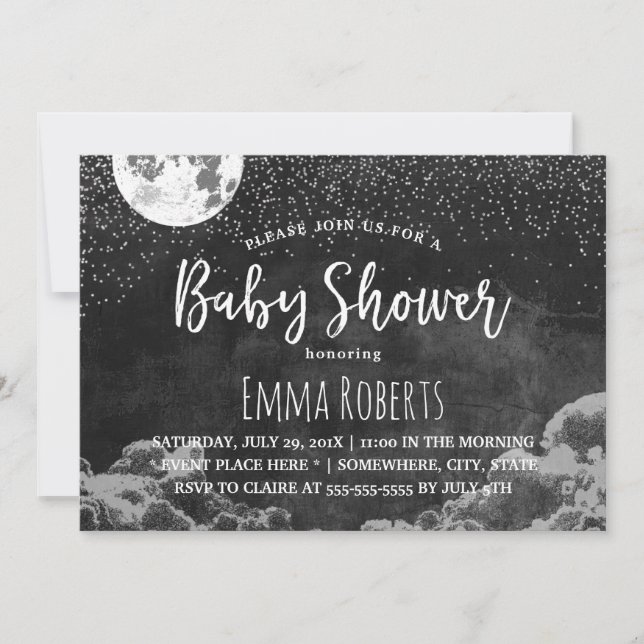 Invitation Baby shower Lune & Étoiles Night Chalkboard (Devant)