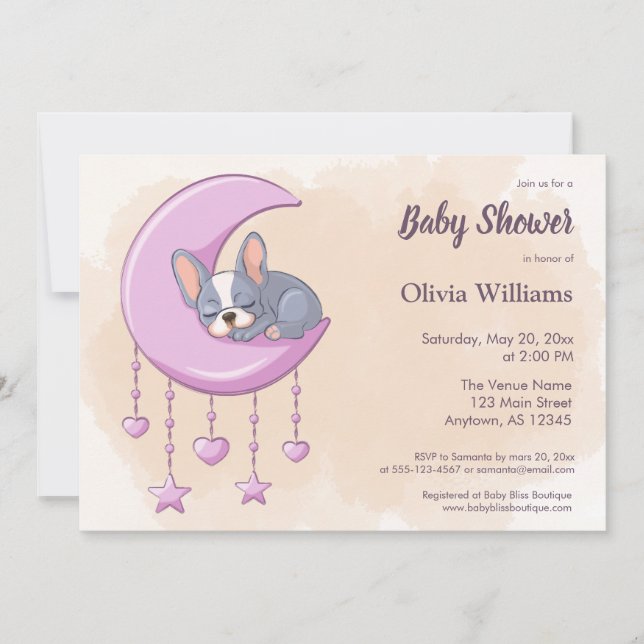 Invitation Baby shower lune rose chienne français mignon (Devant)