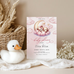 Invitation Baby Shower Lune Rose et Nounours