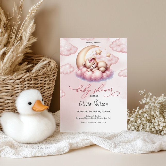 Invitation Baby Shower Lune Rose et Nounours (Créateur téléchargé)