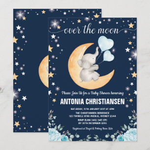 Invitation Baby shower Lune / Twinkle Star Elephant Baby Boy