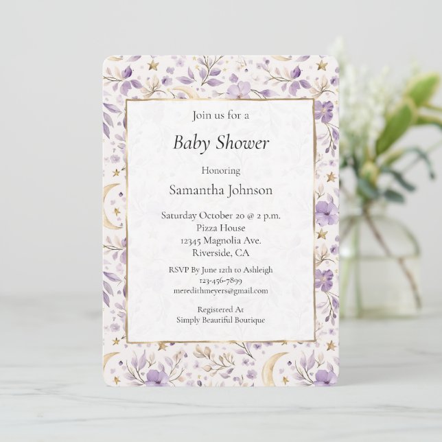 Invitation Baby Shower Lunes Estrellas y Flores Purpura (Debout devant)