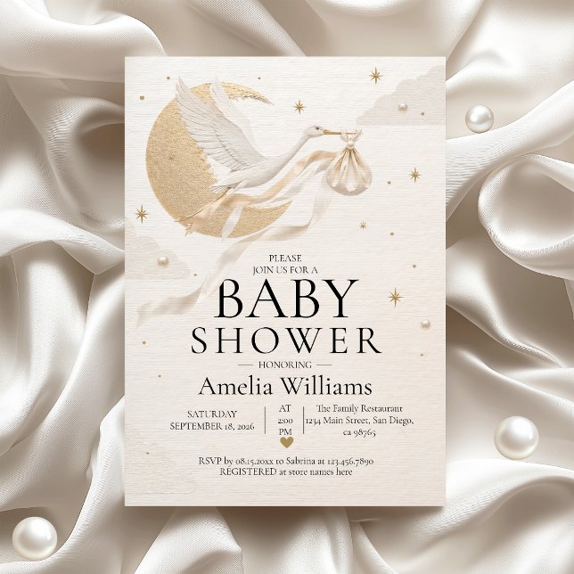 Invitation Baby Shower Luxe Or Stork Céleste Doré (Créateur téléchargé)