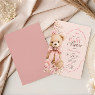 Invitation Baby-Shower Luxueux Ours en Peluche Rose Ruban