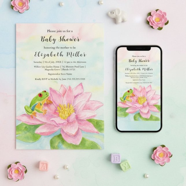 Invitation Baby Shower Lys Nénuphar Rose & Grenouille (Créateur téléchargé)