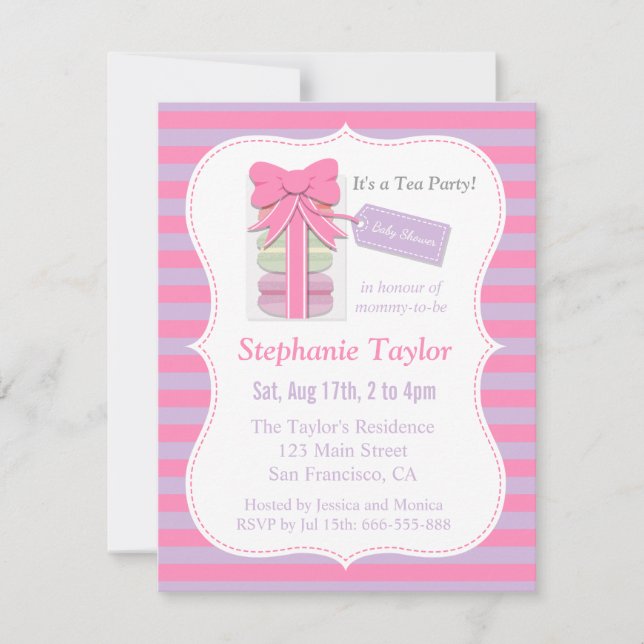 Invitation Baby Shower Macarons Thème Tea Party, Rose et Viol (Devant)