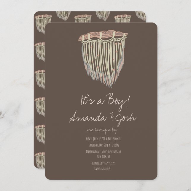 Invitation Baby shower Macrame accrochage Rustique Boho (Devant / Derrière)
