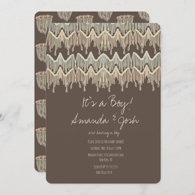 Invitation Baby shower Macrame accrochage Rustique Boho Rope  (Devant / Derrière)