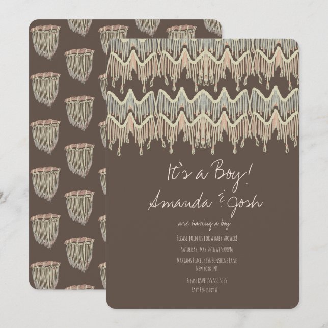 Invitation Baby Shower Macrame Suspendu Rustique Bohème Corde (Devant / Derrière)