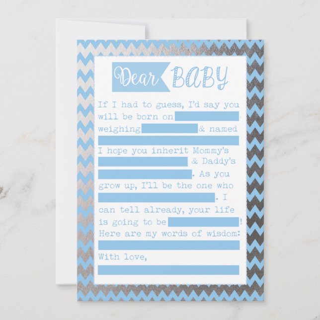 Invitation Baby shower MadLibs Jeu, Bleu et Silve Foil Look (Devant)