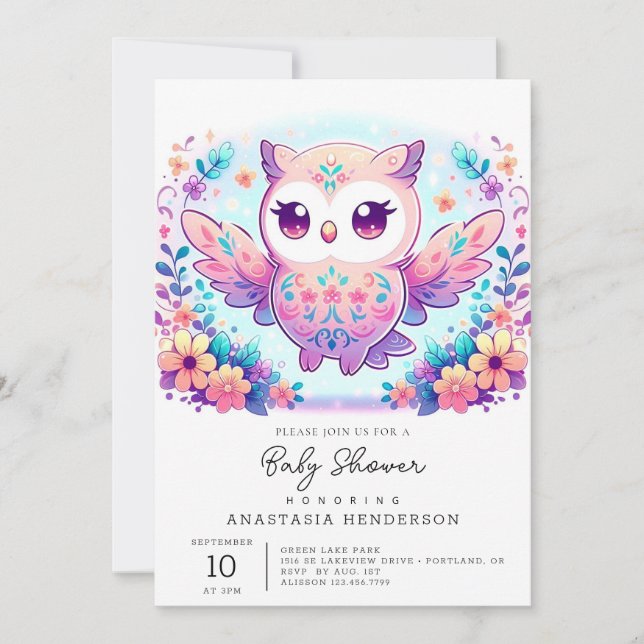 Invitation Baby shower Magical Girl Owl (Devant)