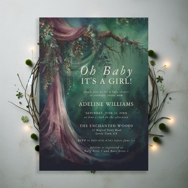 Invitation Baby shower magique de Conte-Fairytale forestière  (enchanted forest baby shower emerald green mauve purple veil woodland fairy tale faerie magic invite)