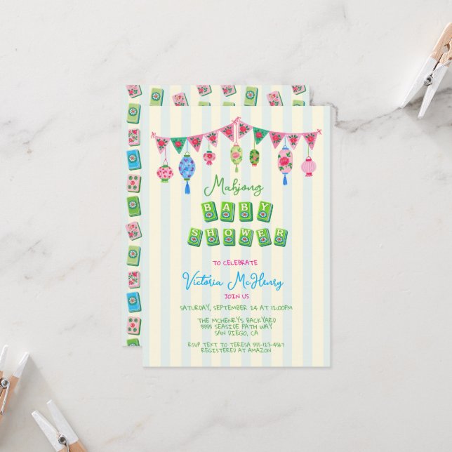 Invitation Baby Shower Mahjong Fantaisiste (Devant/Arrière en situation)