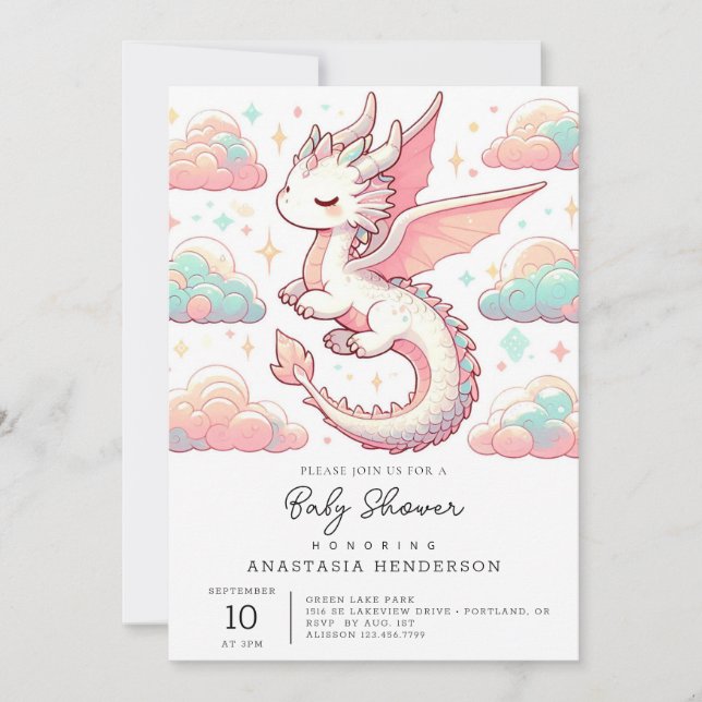 Invitation Baby shower Majestic Adorable Dragon (Devant)
