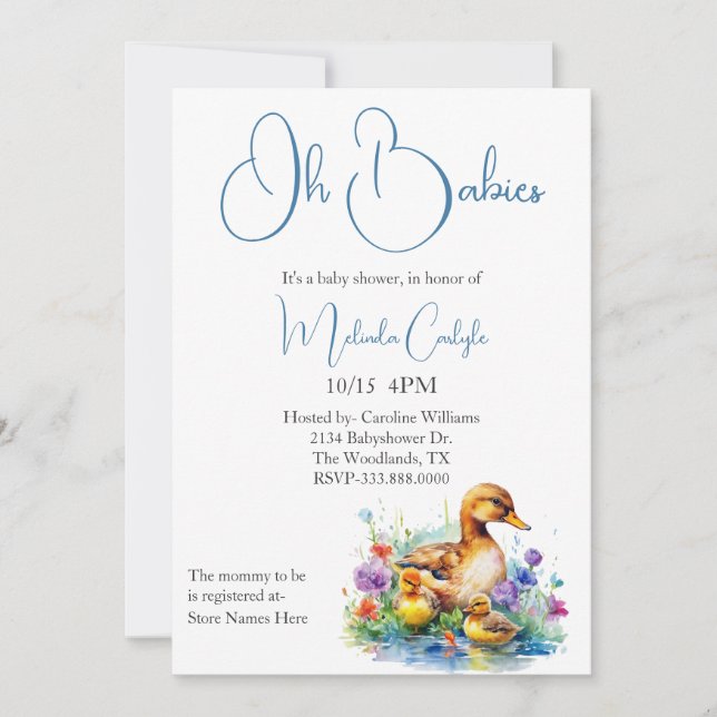 Invitation Baby shower Mama et Twin Ducklings (Devant)