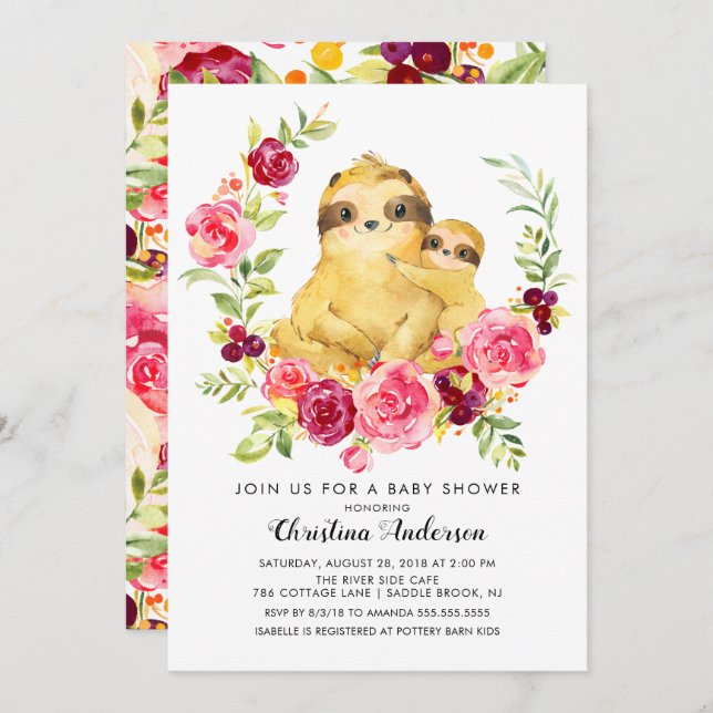Invitation Baby shower Maman & Baby Sloth (Devant / Derrière)