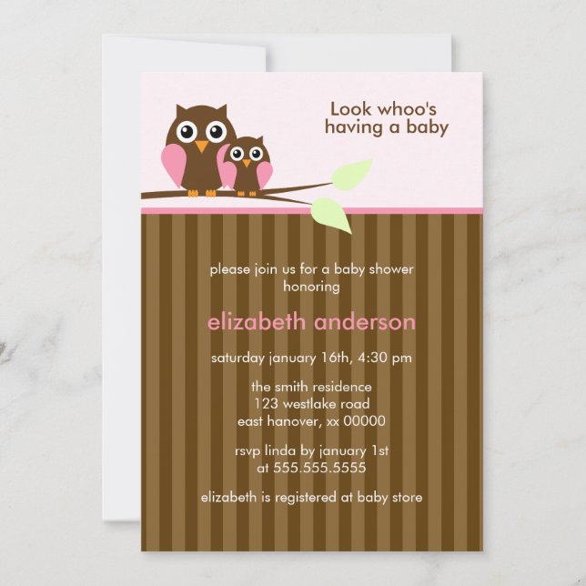 Invitation Baby shower Maman et Baby Owl {rose} (Devant)