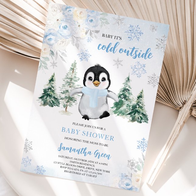 Invitation Baby Shower Manchot Hiver Bleu (Créateur téléchargé)