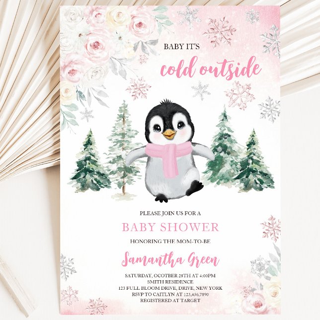 Invitation Baby Shower Manchot Rose Hiver (Créateur téléchargé)