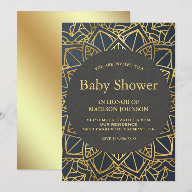 Invitation Baby Shower Mandala Faux Or Moderne (Devant / Derrière)