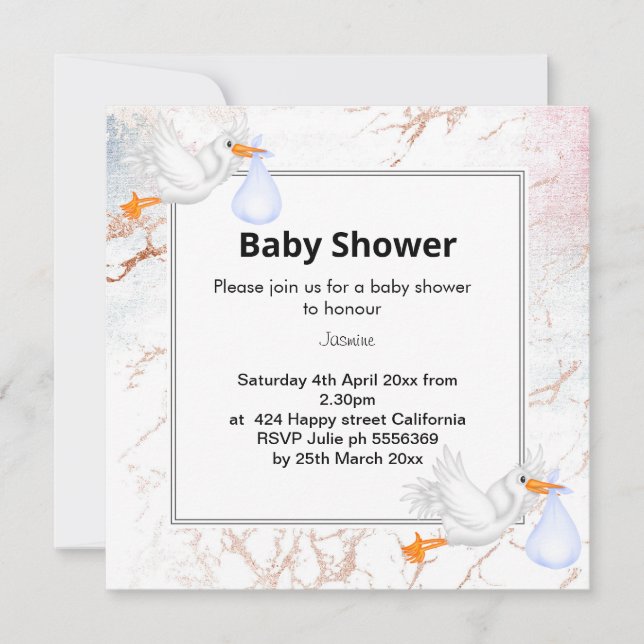 Invitation baby shower Marbre blanc Stork (Devant)