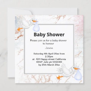 Invitation baby shower Marbre blanc Stork