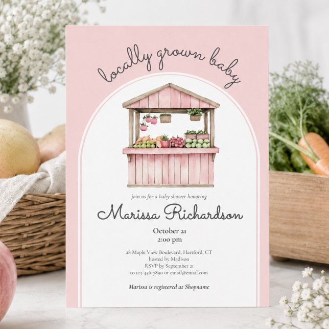 Invitation Baby Shower Marché de Producteurs (cute sweet rustic locally grown baby pink farmers market baby girl shower invitation)