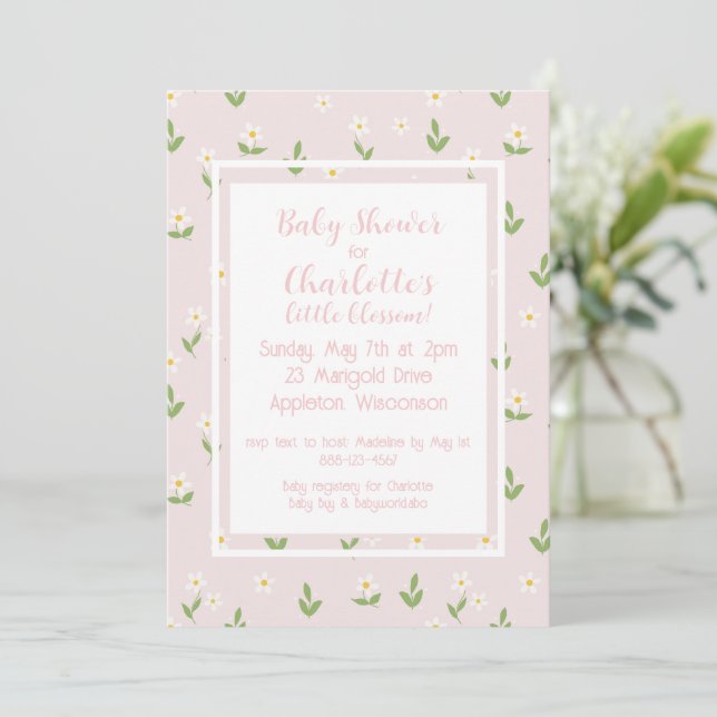 Invitation Baby shower marguerite rose et blanc (Debout devant)
