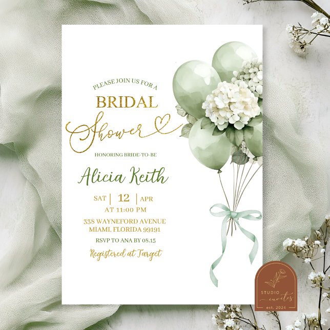 Invitation Baby Shower Mariage Ballon Hydrangea Vert Sage (Créateur téléchargé)