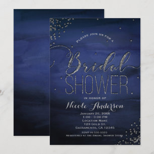 Invitation Baby Shower Mariage Moderne Aquarelle Bleu Argent 