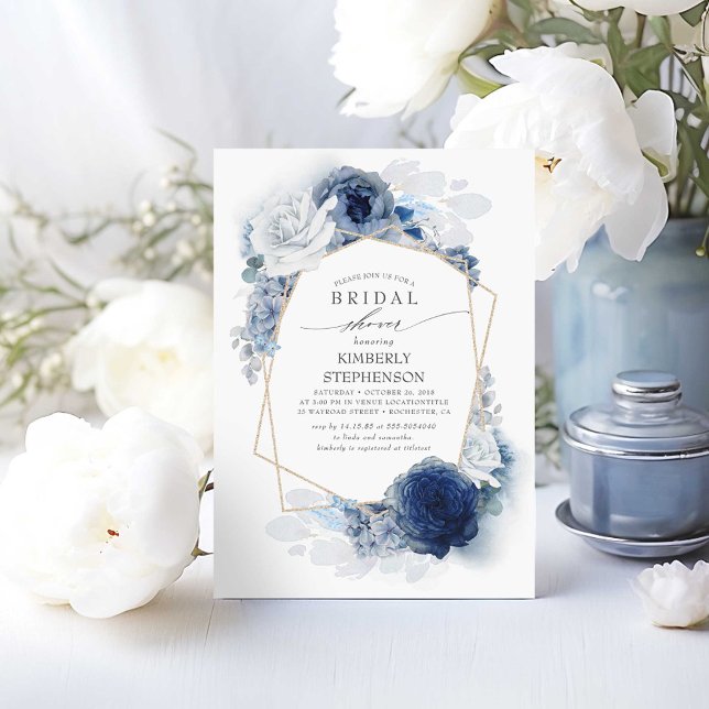 Invitation Baby Shower Mariage Moderne Fleurs Bleu Poussiéreu (Dusty Blue Bridal Shower Invitation)