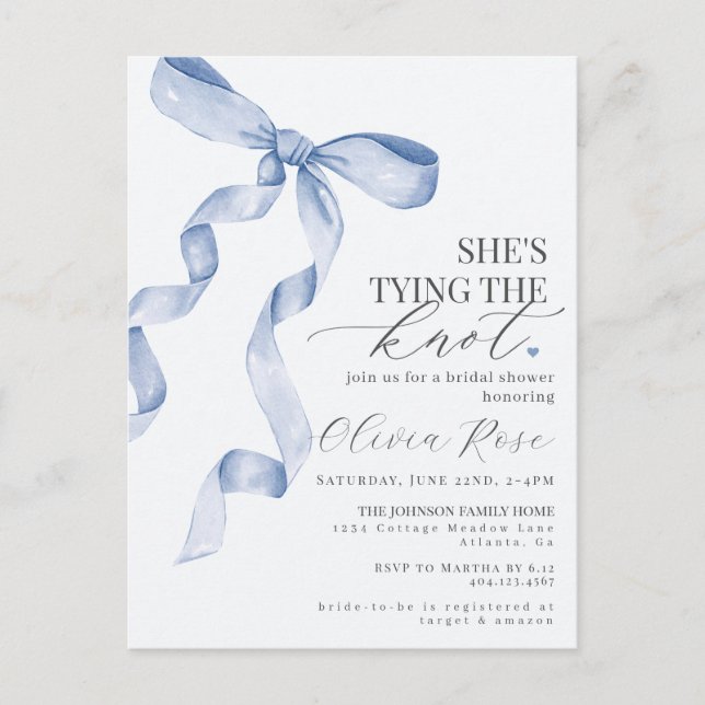 Invitation Baby Shower Mariage Ruban Coquette Bleu (Devant)